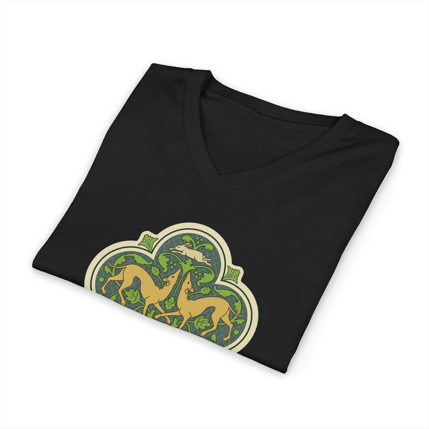 Greyhounds & Hare V-Neck Tee — Medieval Tile Art
