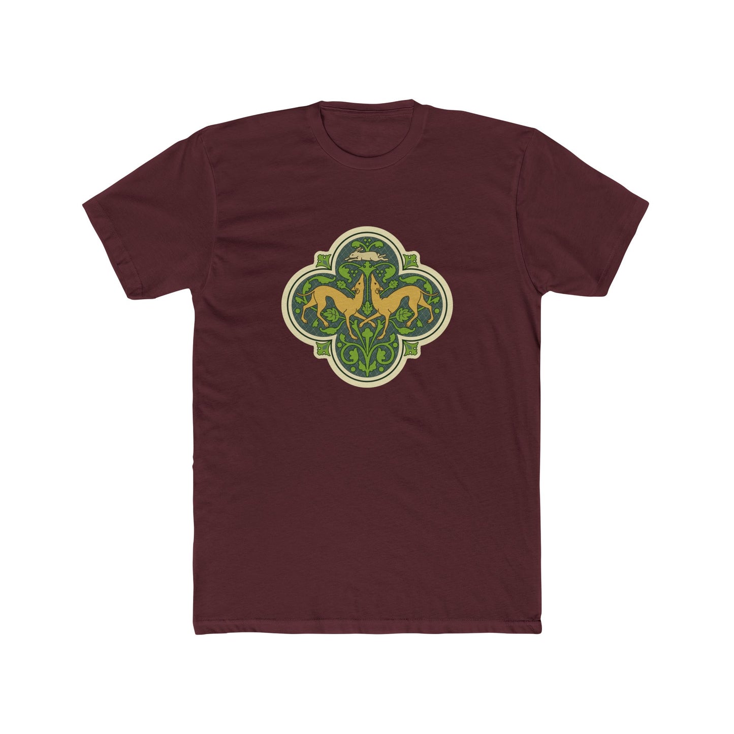 Greyhounds & Hare Crew-Neck Tee — Medieval Tile Art