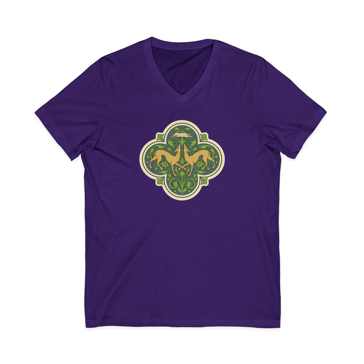 Greyhounds & Hare V-Neck Tee — Medieval Tile Art