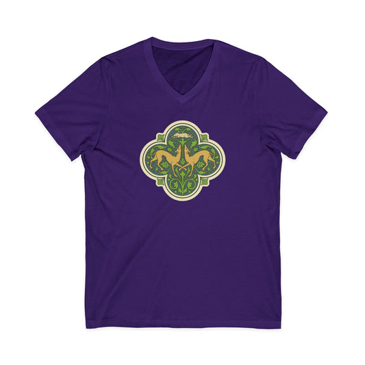 Greyhounds & Hare V-Neck Tee — Medieval Tile Art