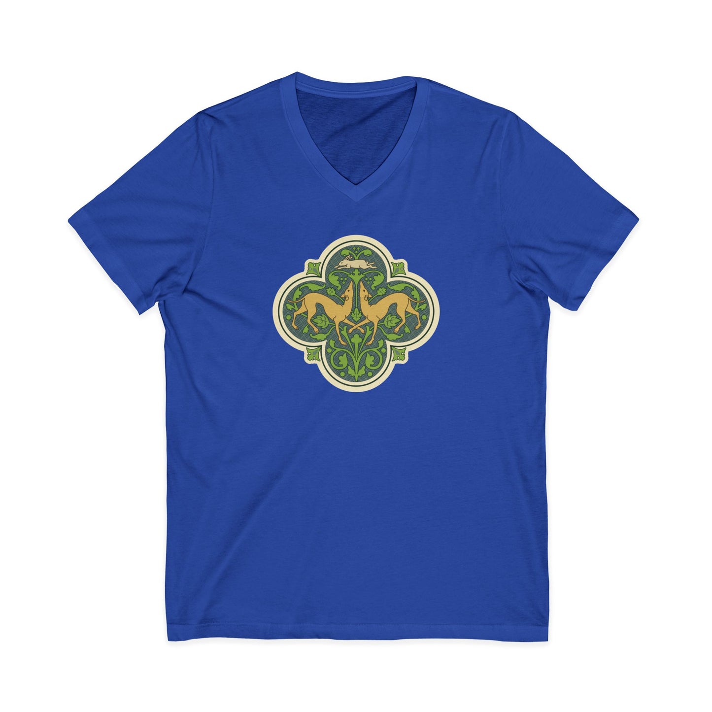 Greyhounds & Hare V-Neck Tee — Medieval Tile Art