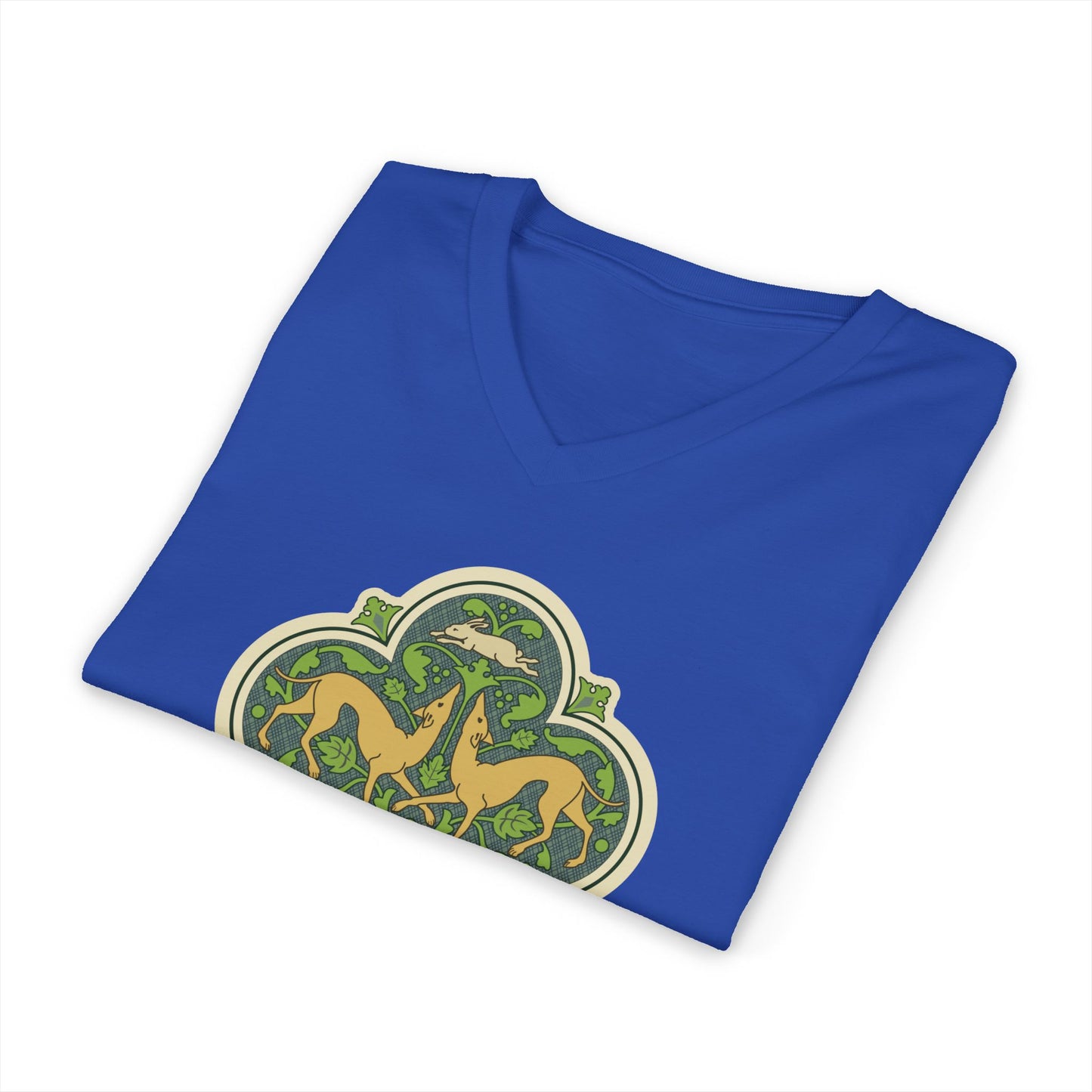 Greyhounds & Hare V-Neck Tee — Medieval Tile Art