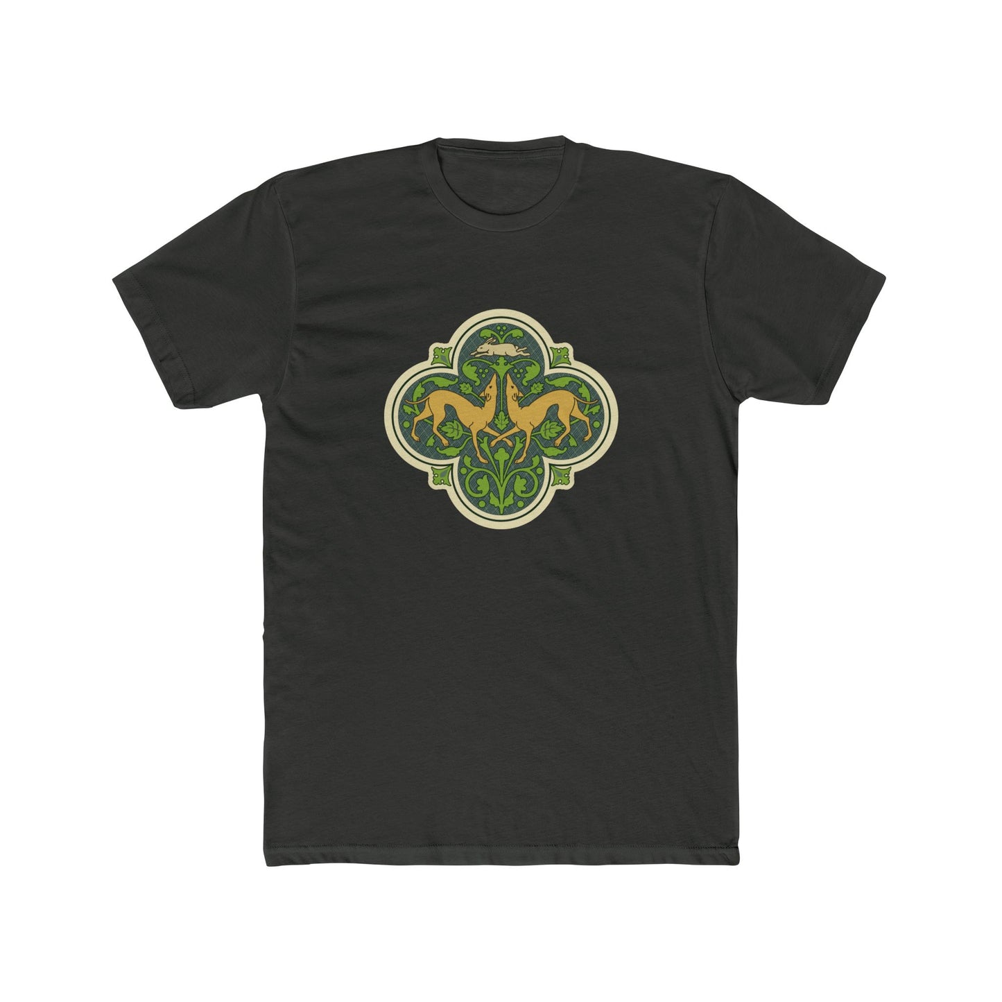 Greyhounds & Hare Crew-Neck Tee — Medieval Tile Art