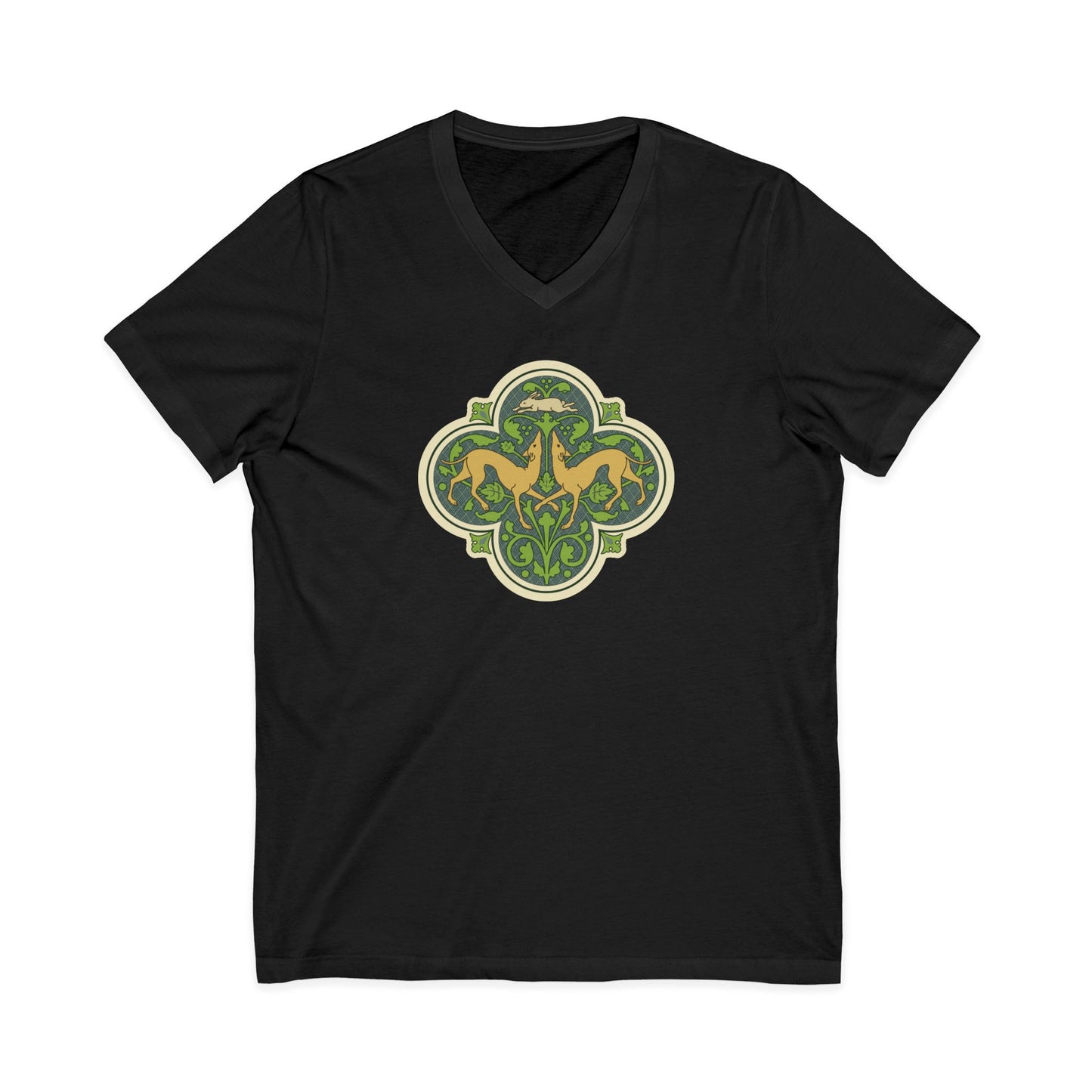 Greyhounds & Hare V-Neck Tee — Medieval Tile Art