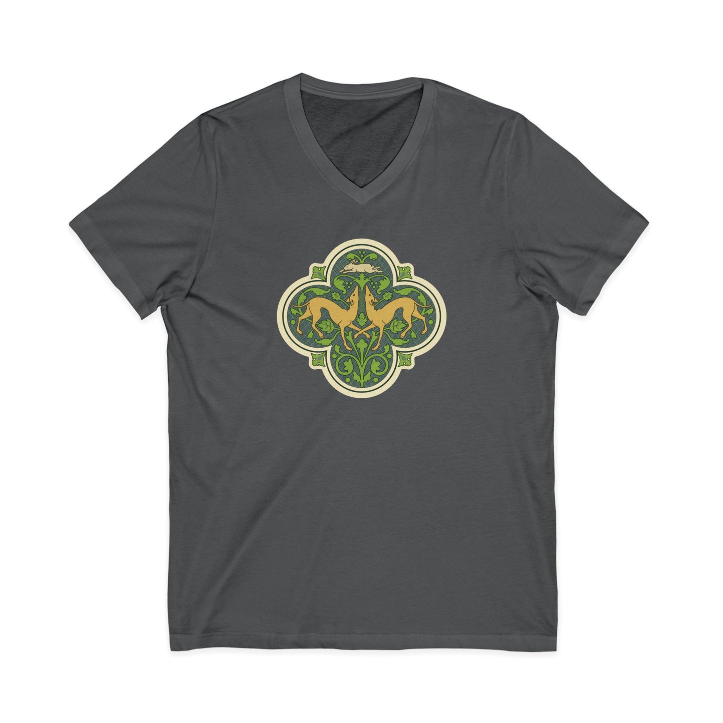 Greyhounds & Hare V-Neck Tee — Medieval Tile Art
