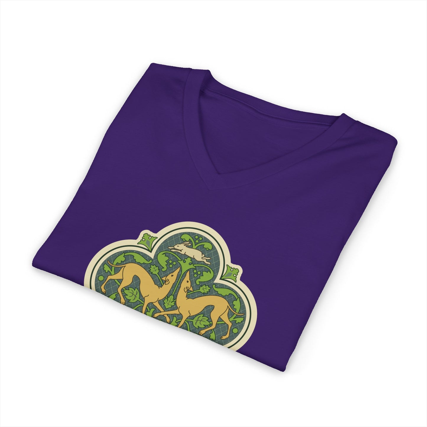 Greyhounds & Hare V-Neck Tee — Medieval Tile Art