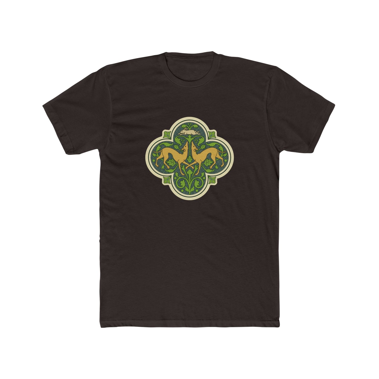 Greyhounds & Hare Crew-Neck Tee — Medieval Tile Art