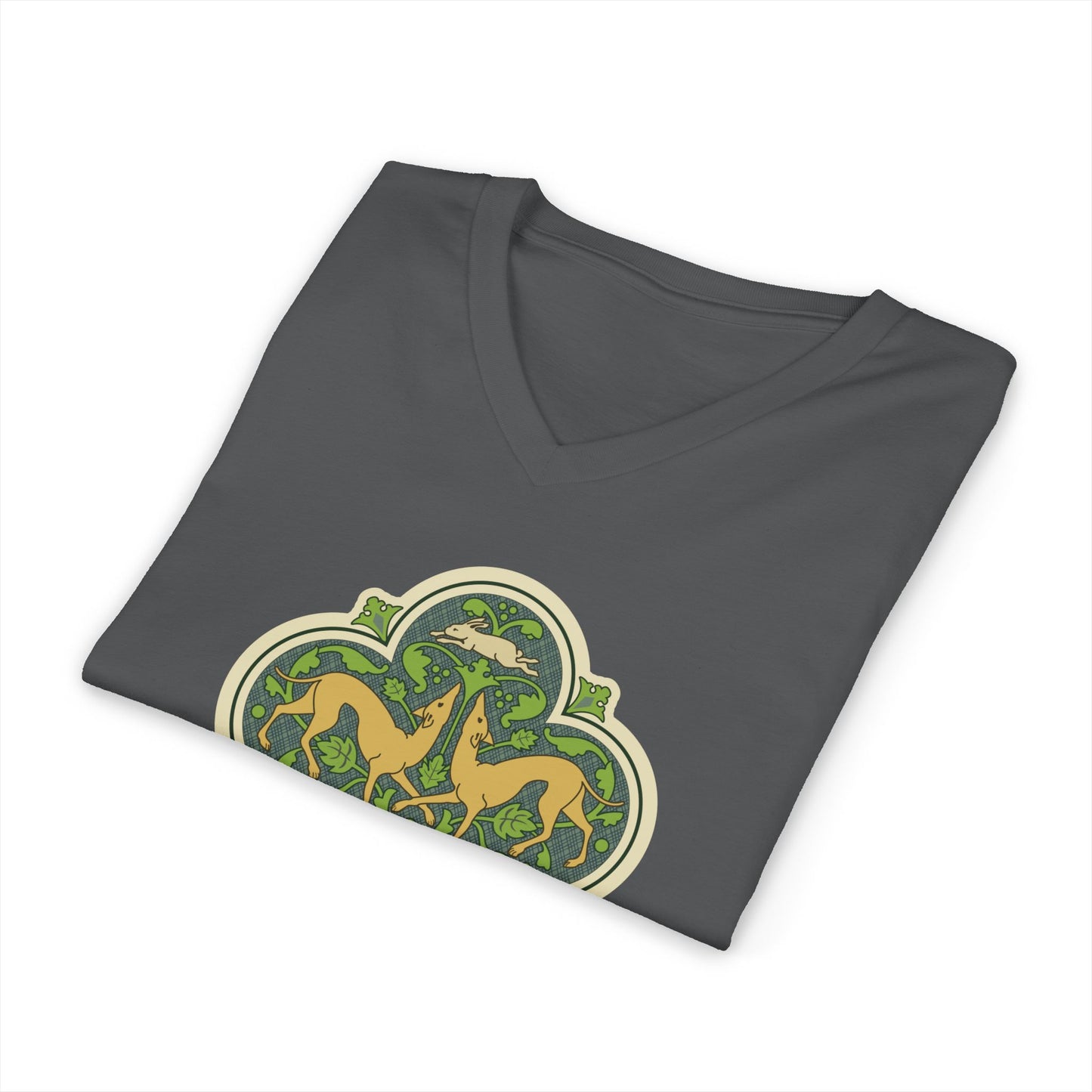 Greyhounds & Hare V-Neck Tee — Medieval Tile Art