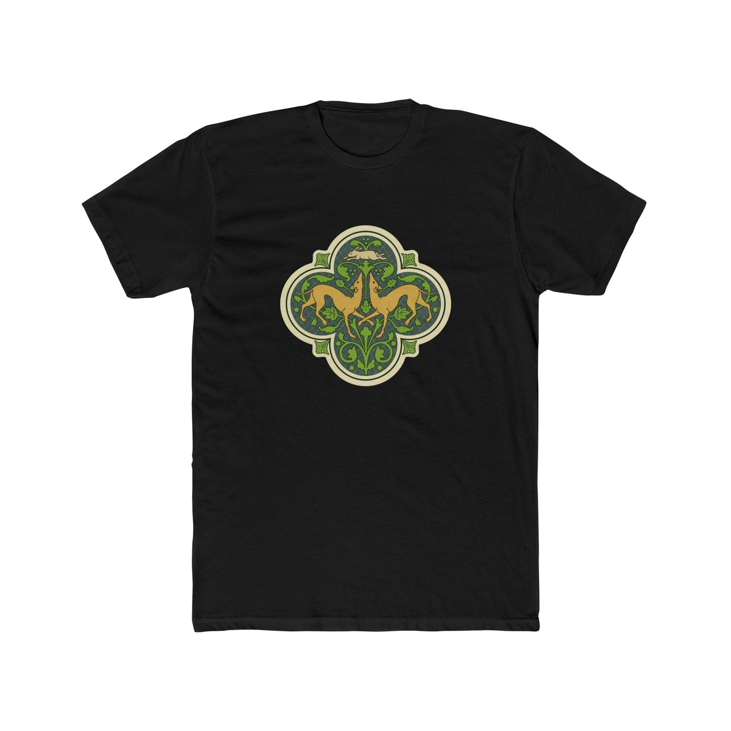Greyhounds & Hare Crew-Neck Tee — Medieval Tile Art